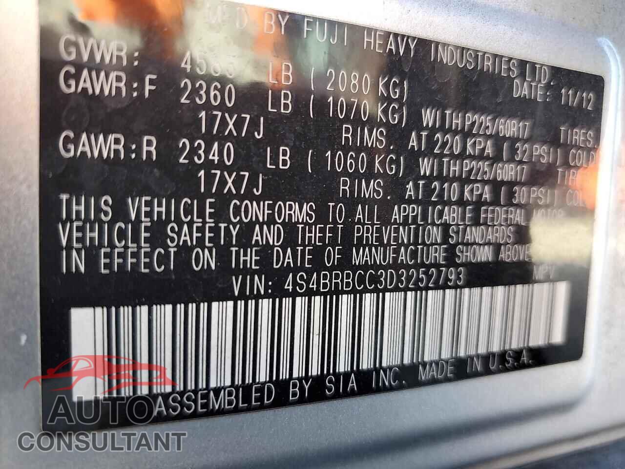 SUBARU OUTBACK 2013 - 4S4BRBCC3D3252793