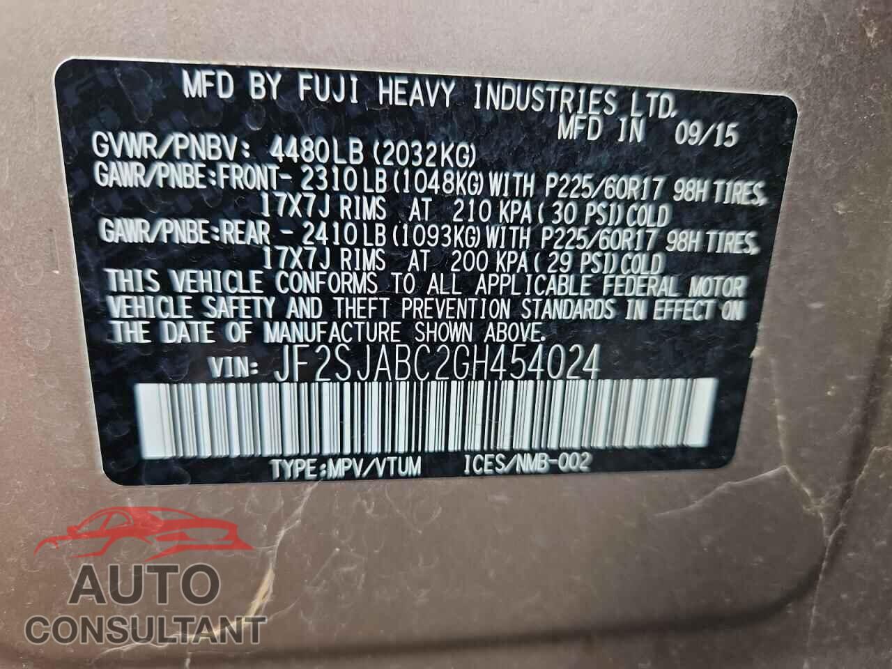SUBARU FORESTER 2016 - JF2SJABC2GH454024
