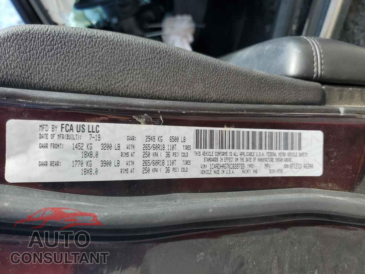 DODGE DURANGO 2019 - 1C4RDHAG7KC839733