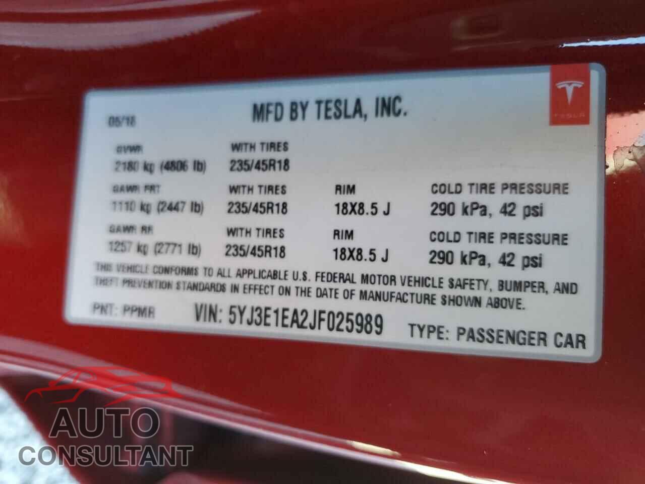TESLA MODEL 3 2018 - 5YJ3E1EA2JF025989