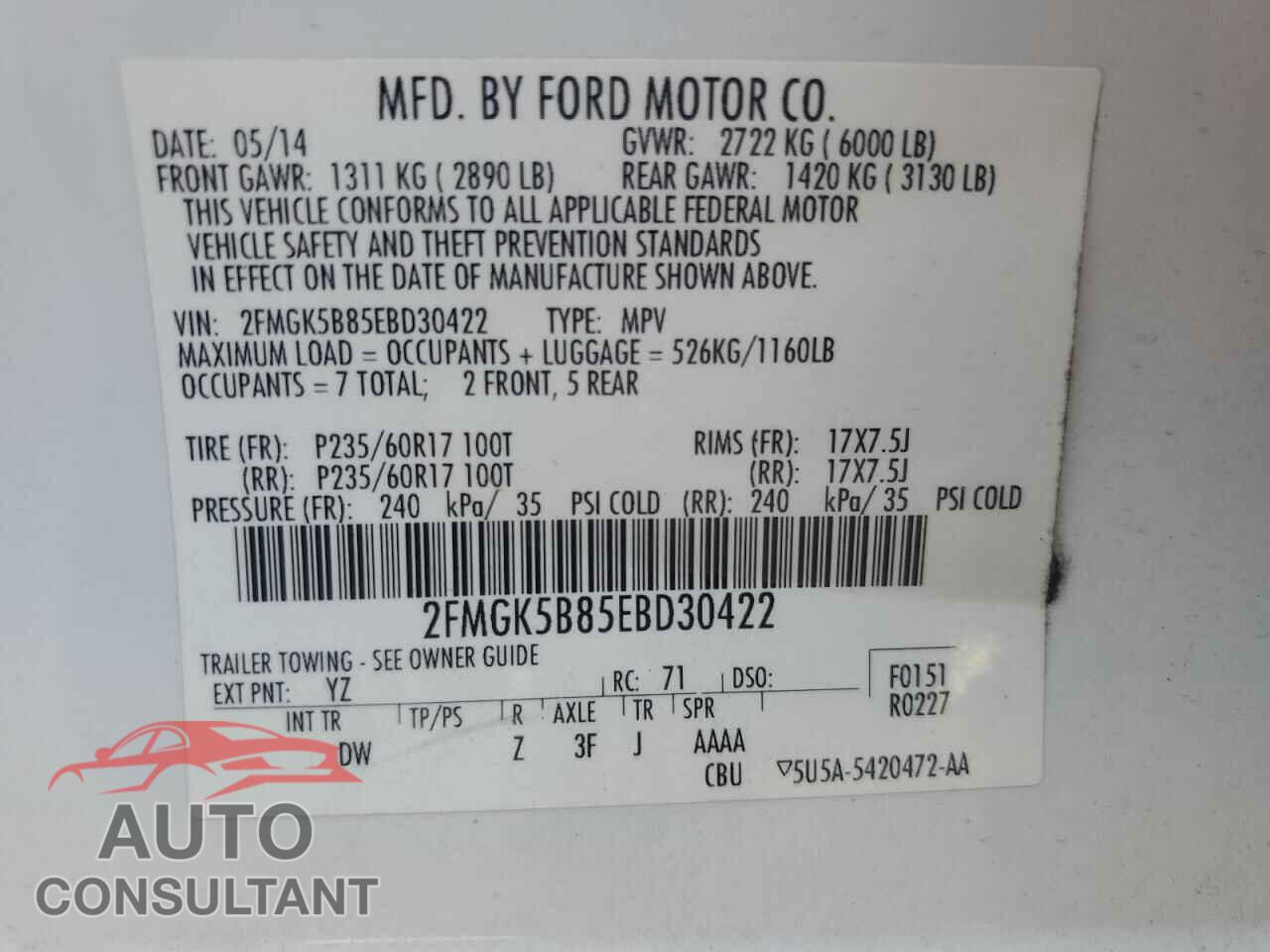 FORD FLEX 2014 - 2FMGK5B85EBD30422