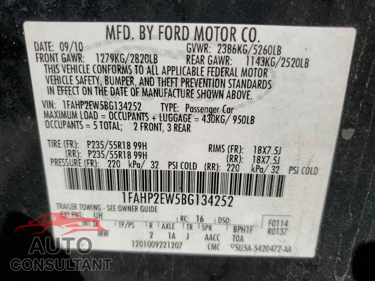 FORD TAURUS 2011 - 1FAHP2EW5BG134252
