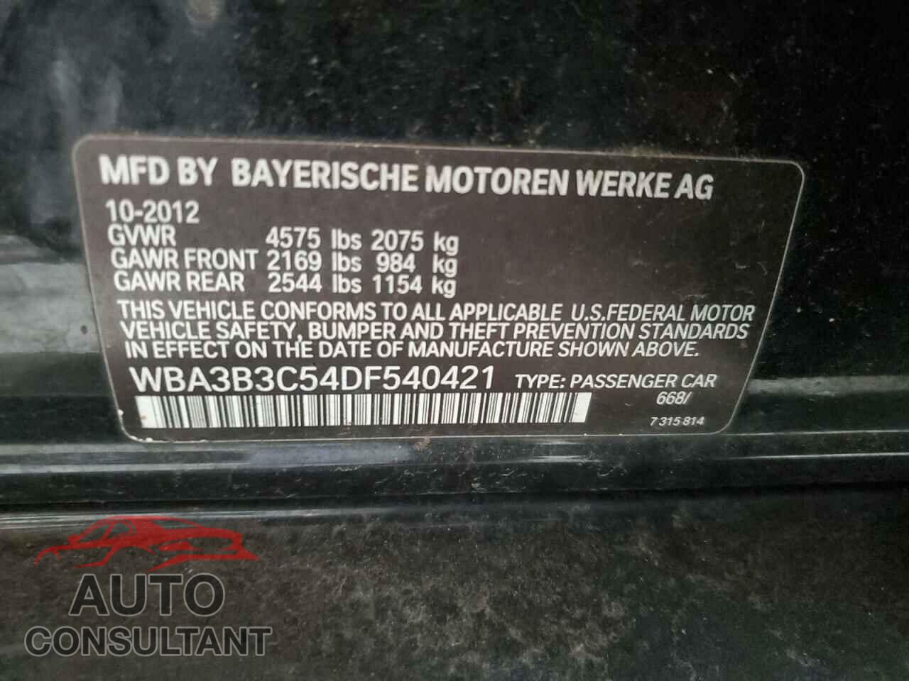 BMW 3 SERIES 2013 - WBA3B3C54DF540421