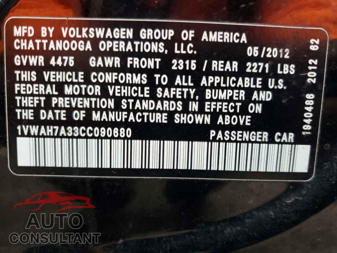VOLKSWAGEN PASSAT 2012 - 1VWAH7A33CC090680