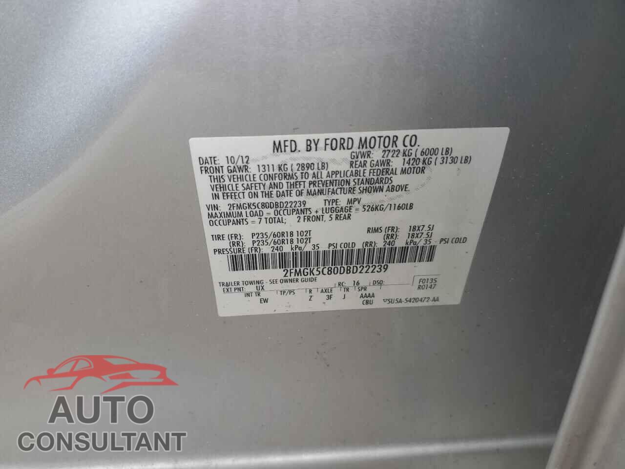 FORD FLEX 2013 - 2FMGK5C80DBD22239