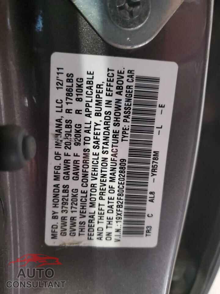 HONDA CIVIC 2012 - 19XFB2F80CE028809