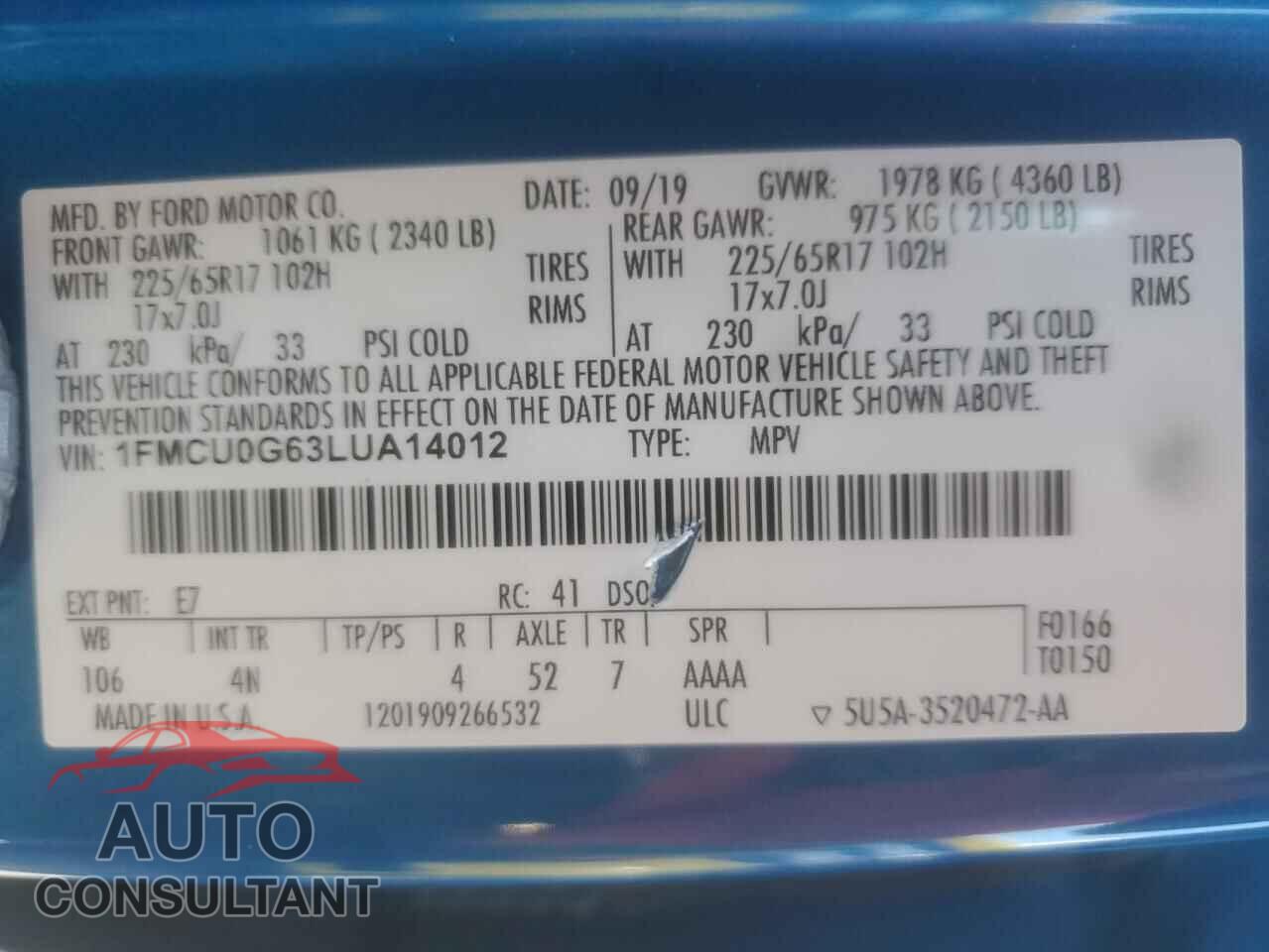 FORD ESCAPE 2020 - 1FMCU0G63LUA14012