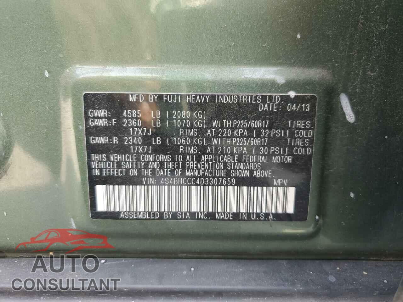 SUBARU OUTBACK 2013 - 4S4BRCCC4D3307659