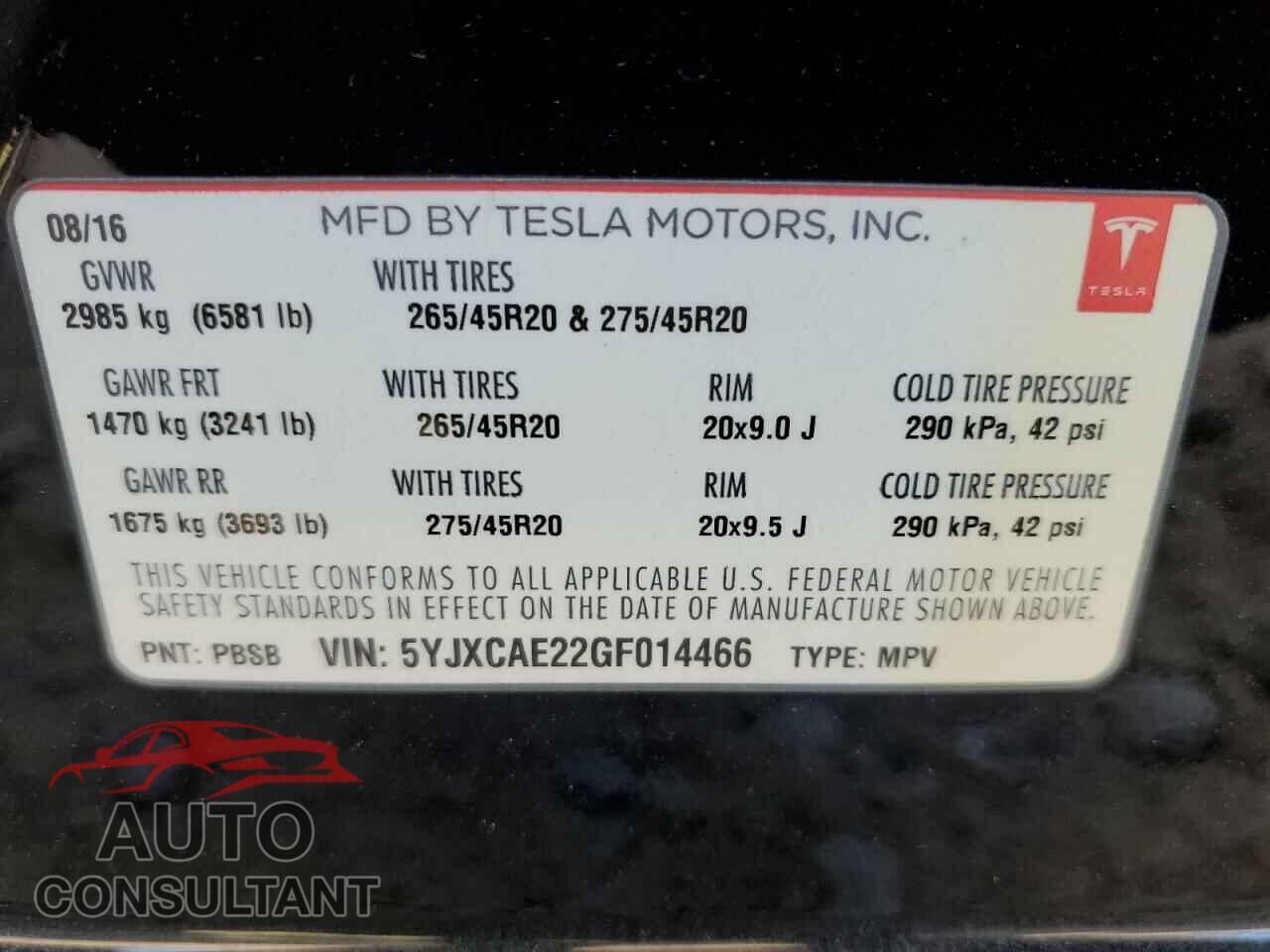 TESLA MODEL X 2016 - 5YJXCAE22GF014466