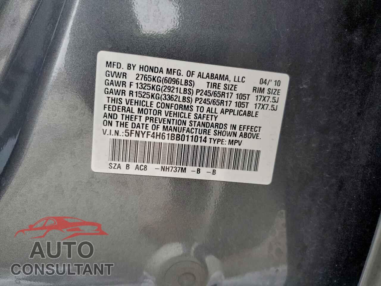 HONDA PILOT 2011 - 5FNYF4H61BB011014