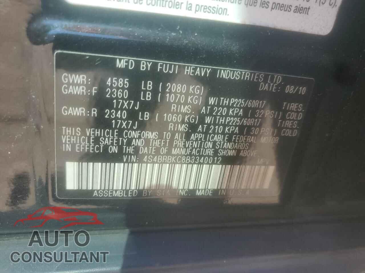 SUBARU OUTBACK 2011 - 4S4BRBKC8B3340012