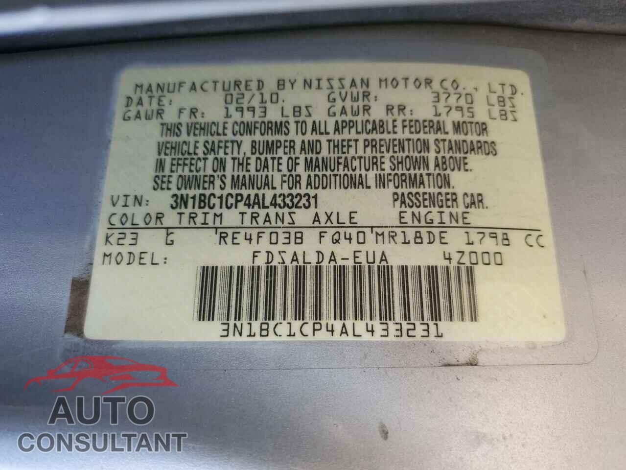 NISSAN VERSA 2010 - 3N1BC1CP4AL433231