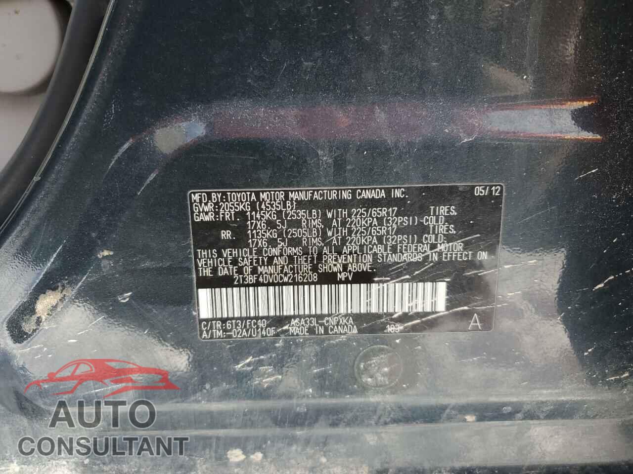 TOYOTA RAV4 2012 - 2T3BF4DV0CW216208
