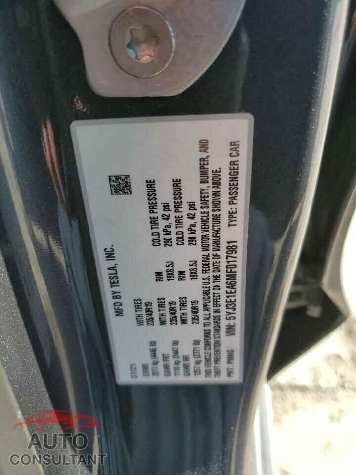 TESLA MODEL 3 2021 - 5YJ3E1EA6MF017981