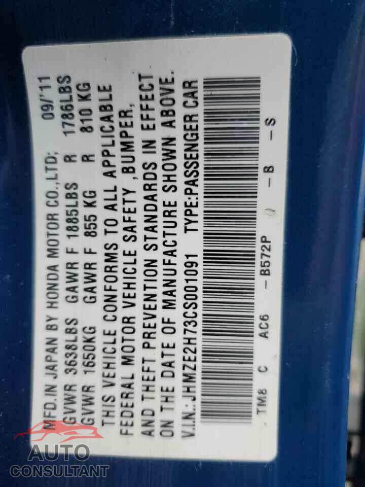 HONDA INSIGHT 2012 - JHMZE2H73CS001091