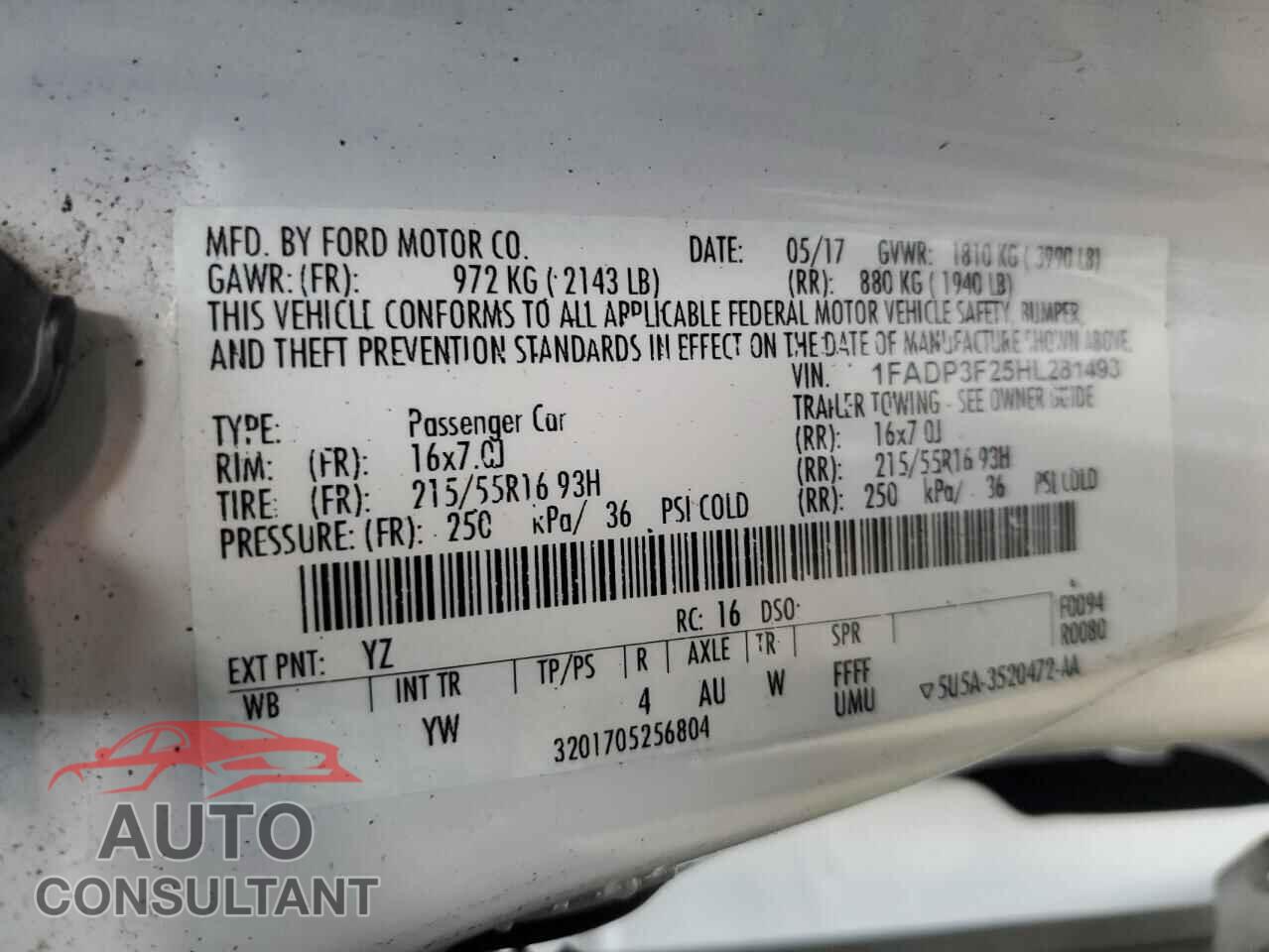 FORD FOCUS 2017 - 1FADP3F25HL281493