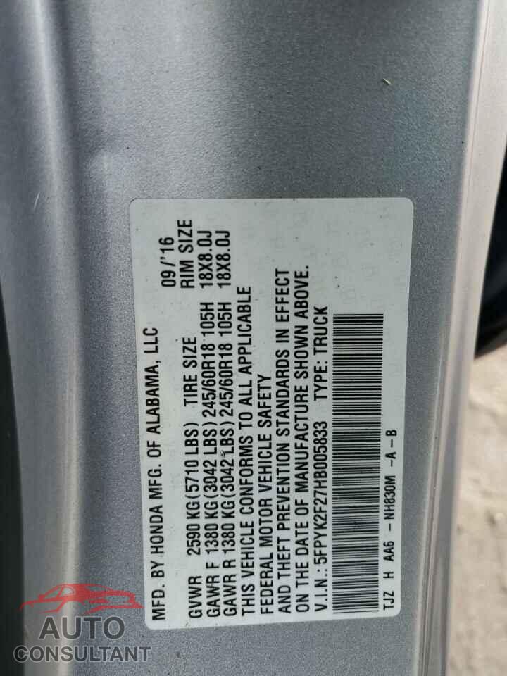 HONDA RIDGELINE 2017 - 5FPYK2F27HB005833
