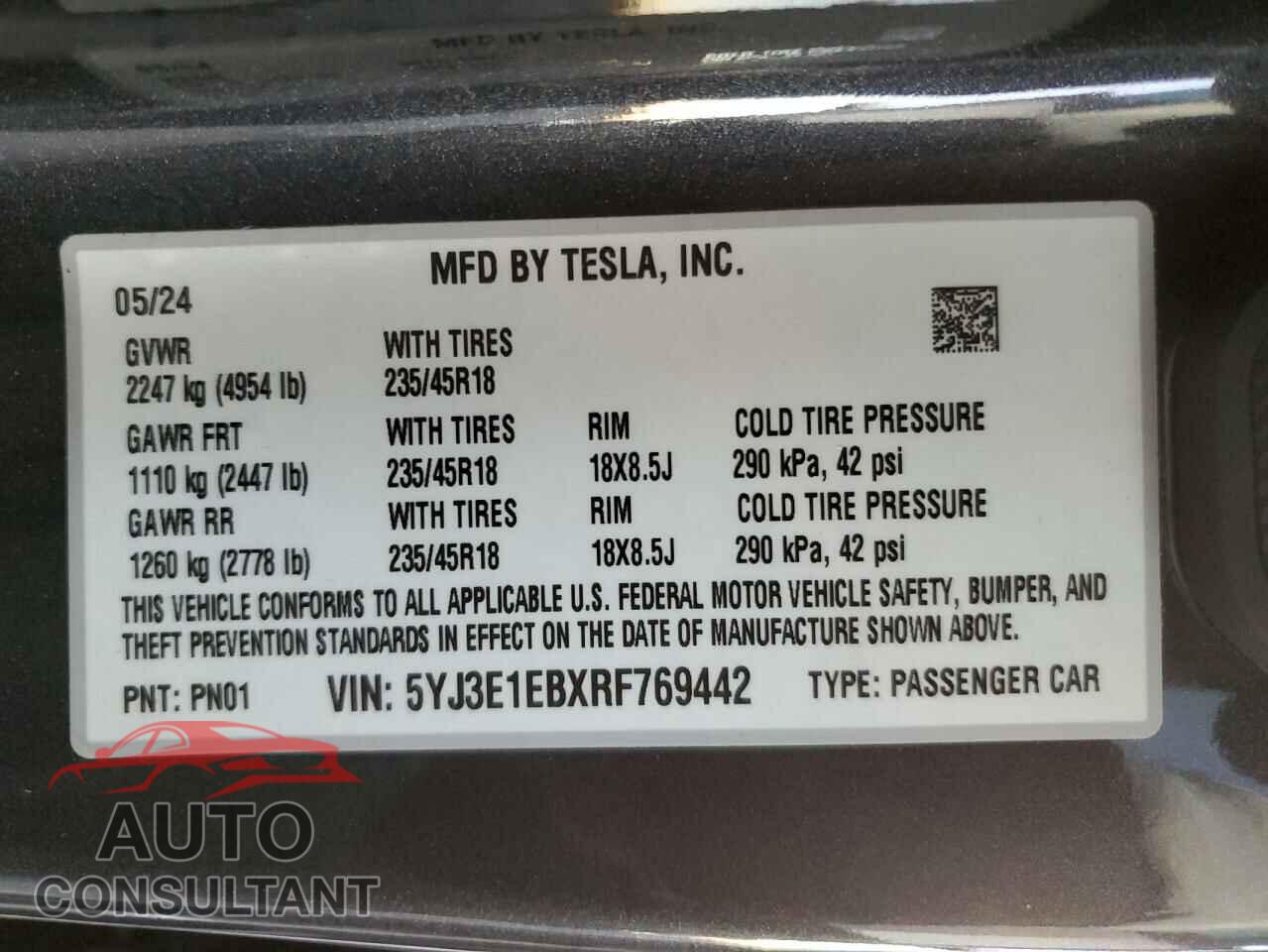 TESLA MODEL 3 2024 - 5YJ3E1EBXRF769442