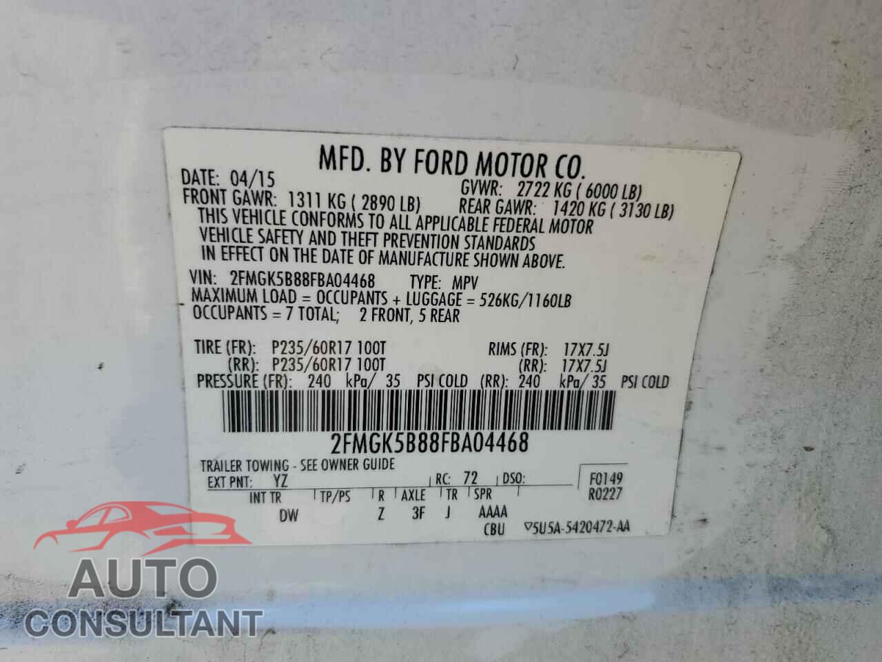 FORD FLEX 2015 - 2FMGK5B88FBA04468