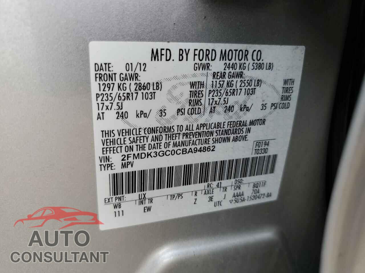 FORD EDGE 2012 - 2FMDK3GC0CBA94862