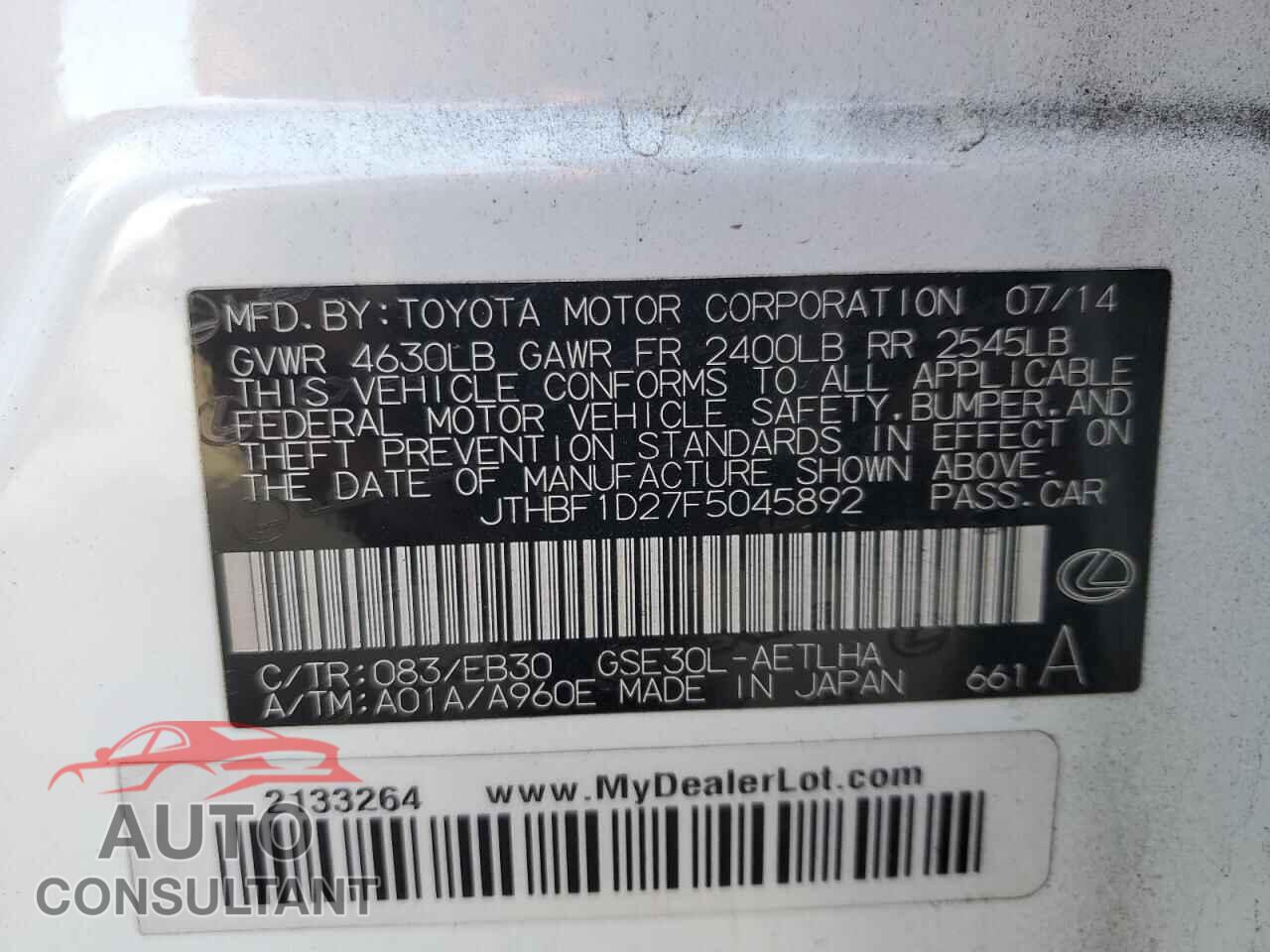 LEXUS IS 2015 - JTHBF1D27F5045892