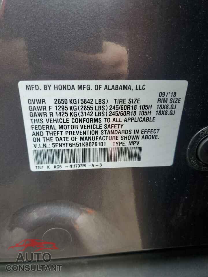 HONDA PILOT 2019 - 5FNYF6H51KB026101