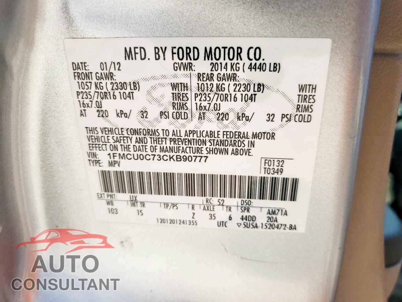 FORD ESCAPE 2012 - 1FMCU0C73CKB90777