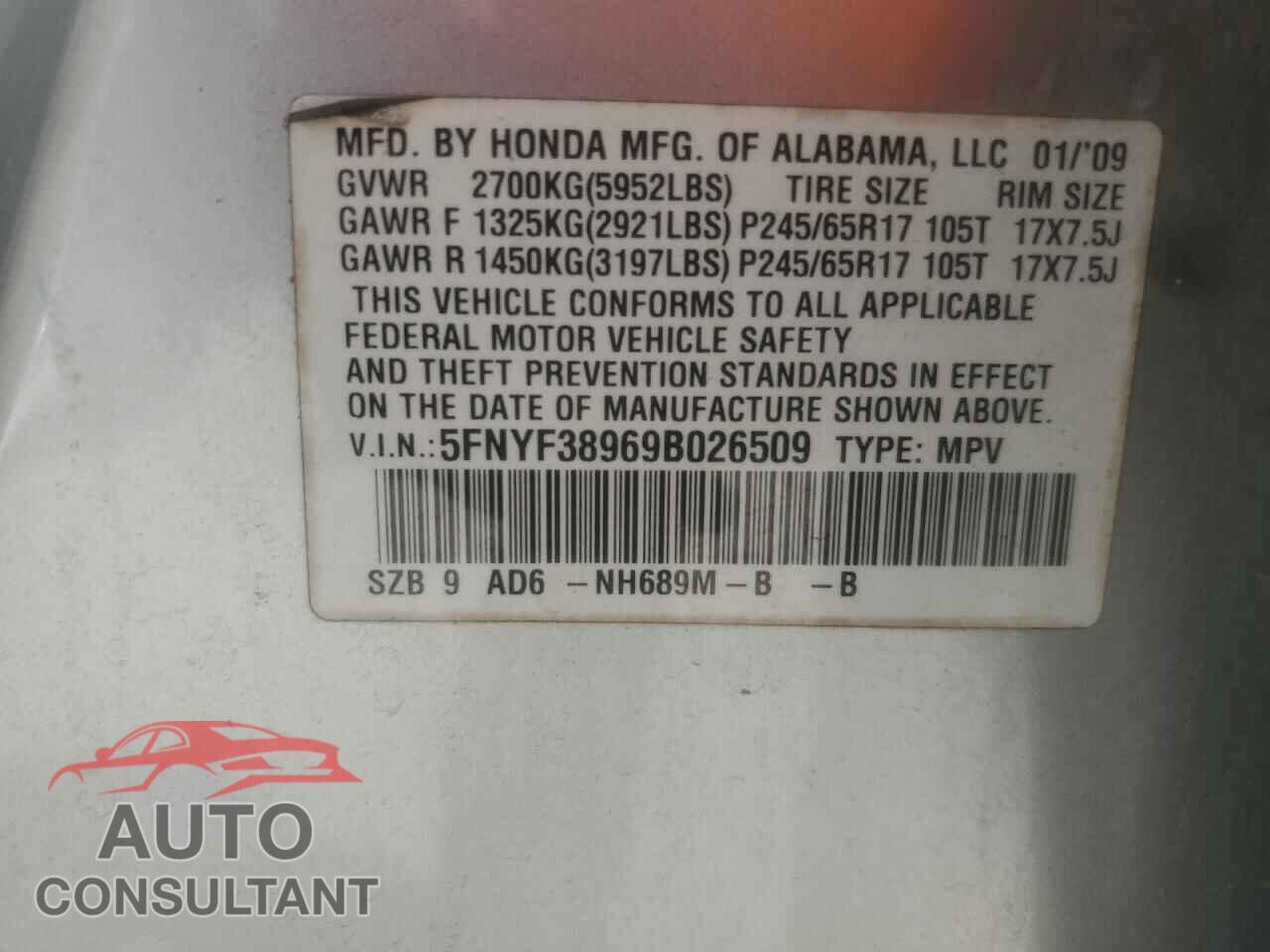 HONDA PILOT 2009 - 5FNYF38969B026509