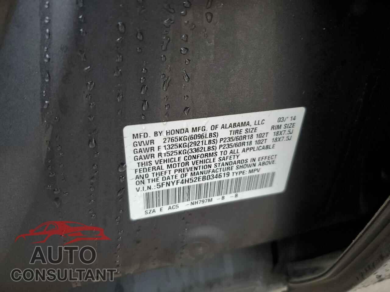 HONDA PILOT 2014 - 5FNYF4H52EB034619