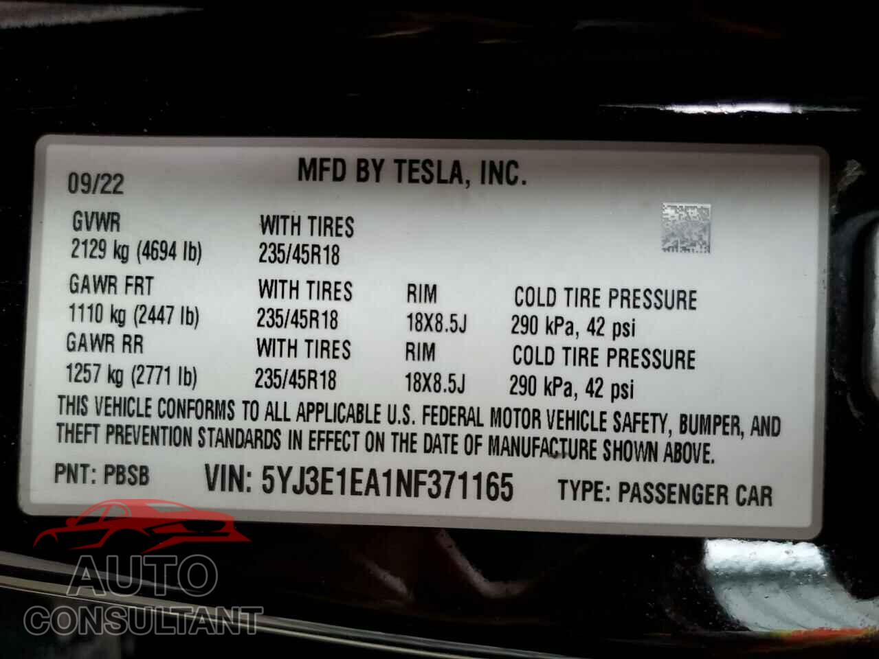 TESLA MODEL 3 2022 - 5YJ3E1EA1NF371165
