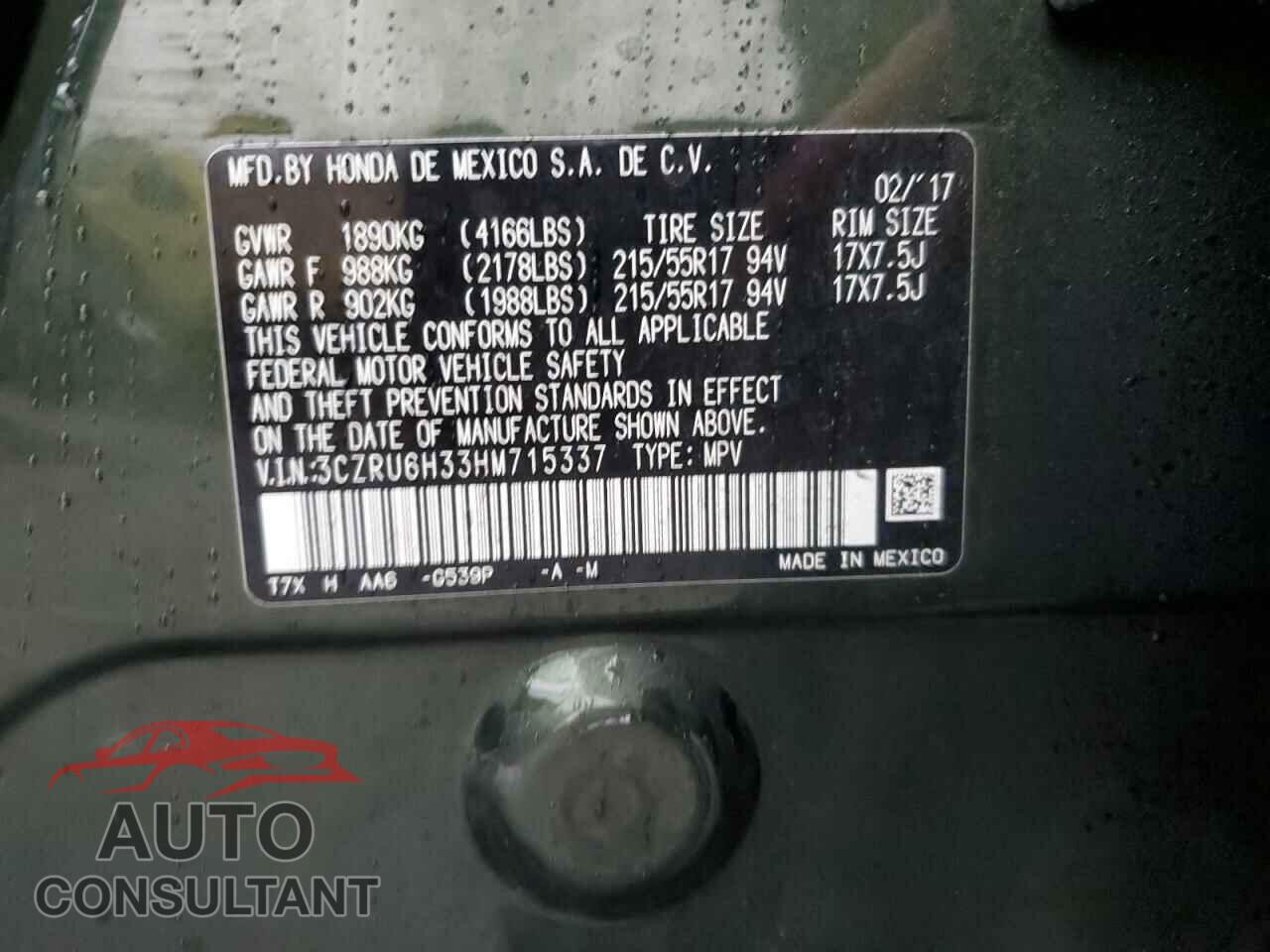 HONDA HR-V 2017 - 3CZRU6H33HM715337