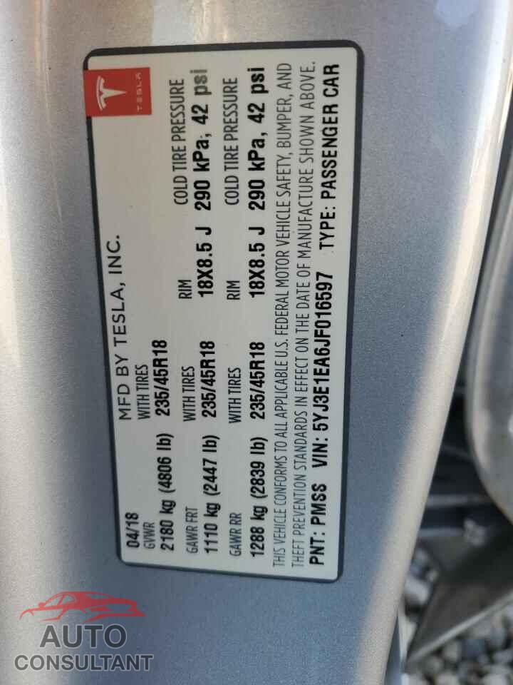TESLA MODEL 3 2018 - 5YJ3E1EA6JF016597