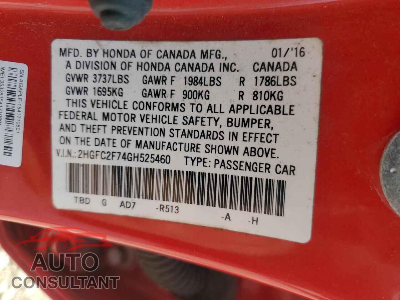 HONDA CIVIC 2016 - 2HGFC2F74GH525460