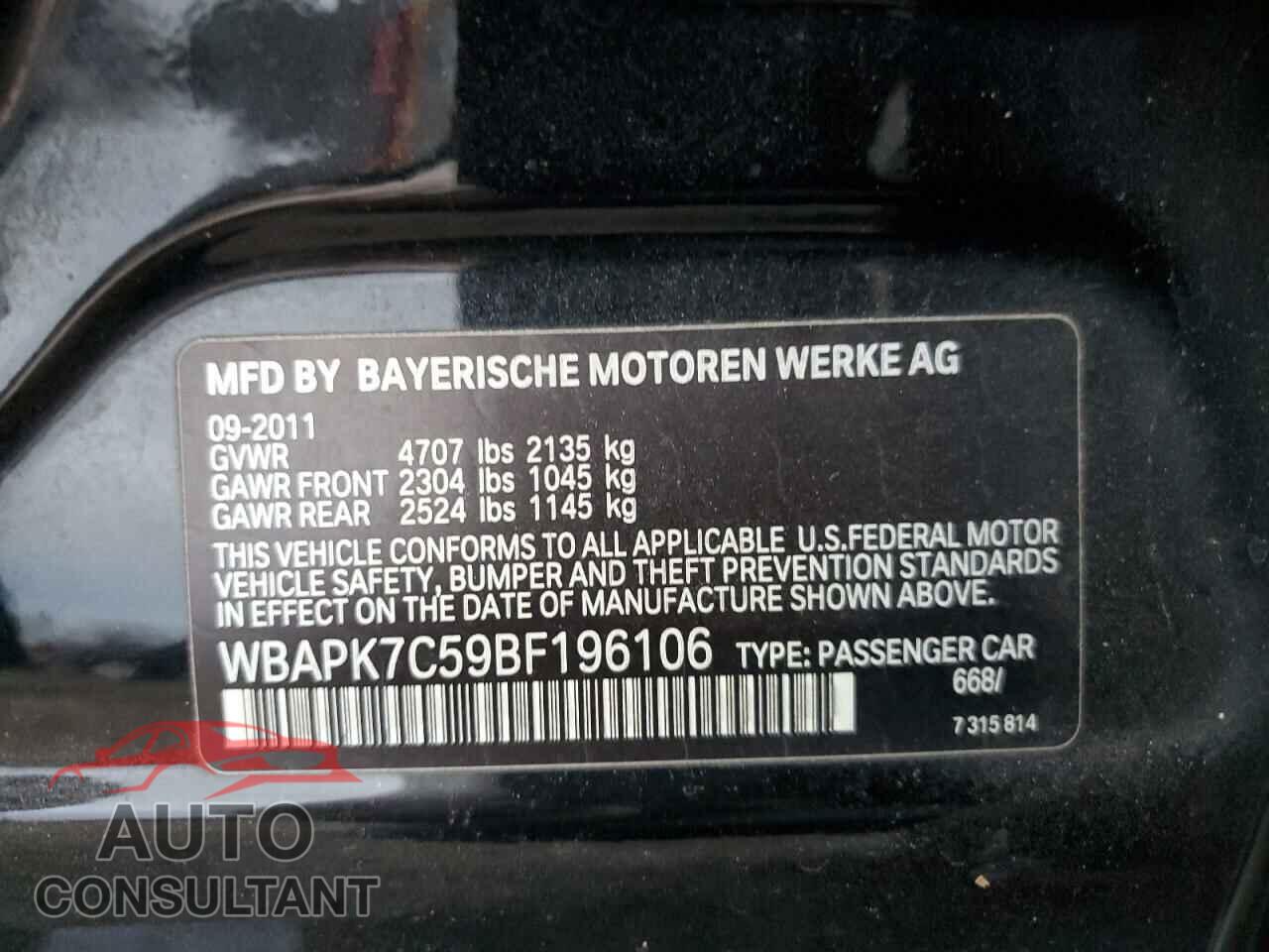 BMW 3 SERIES 2011 - WBAPK7C59BF196106