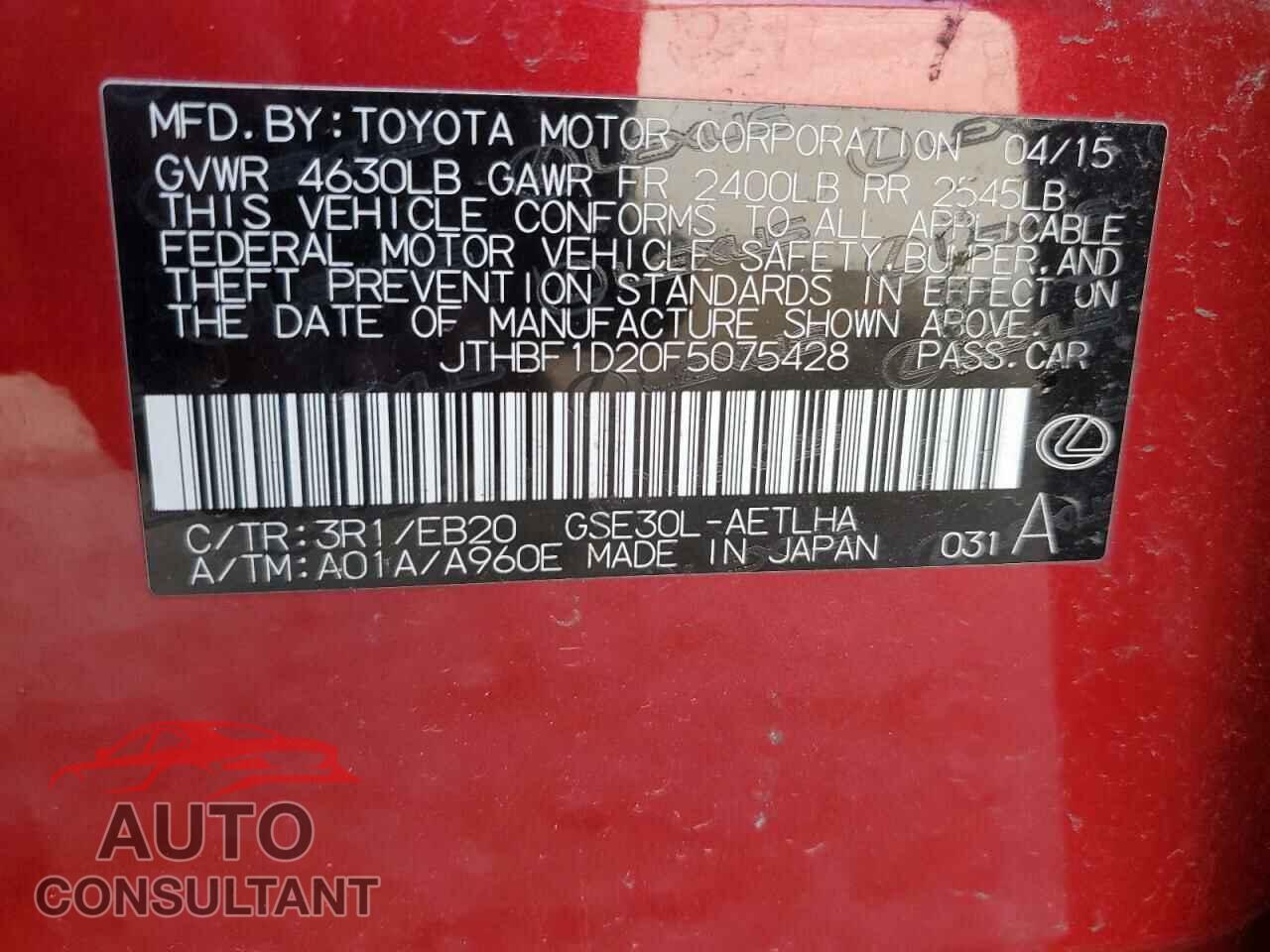LEXUS IS 2015 - JTHBF1D20F5075428