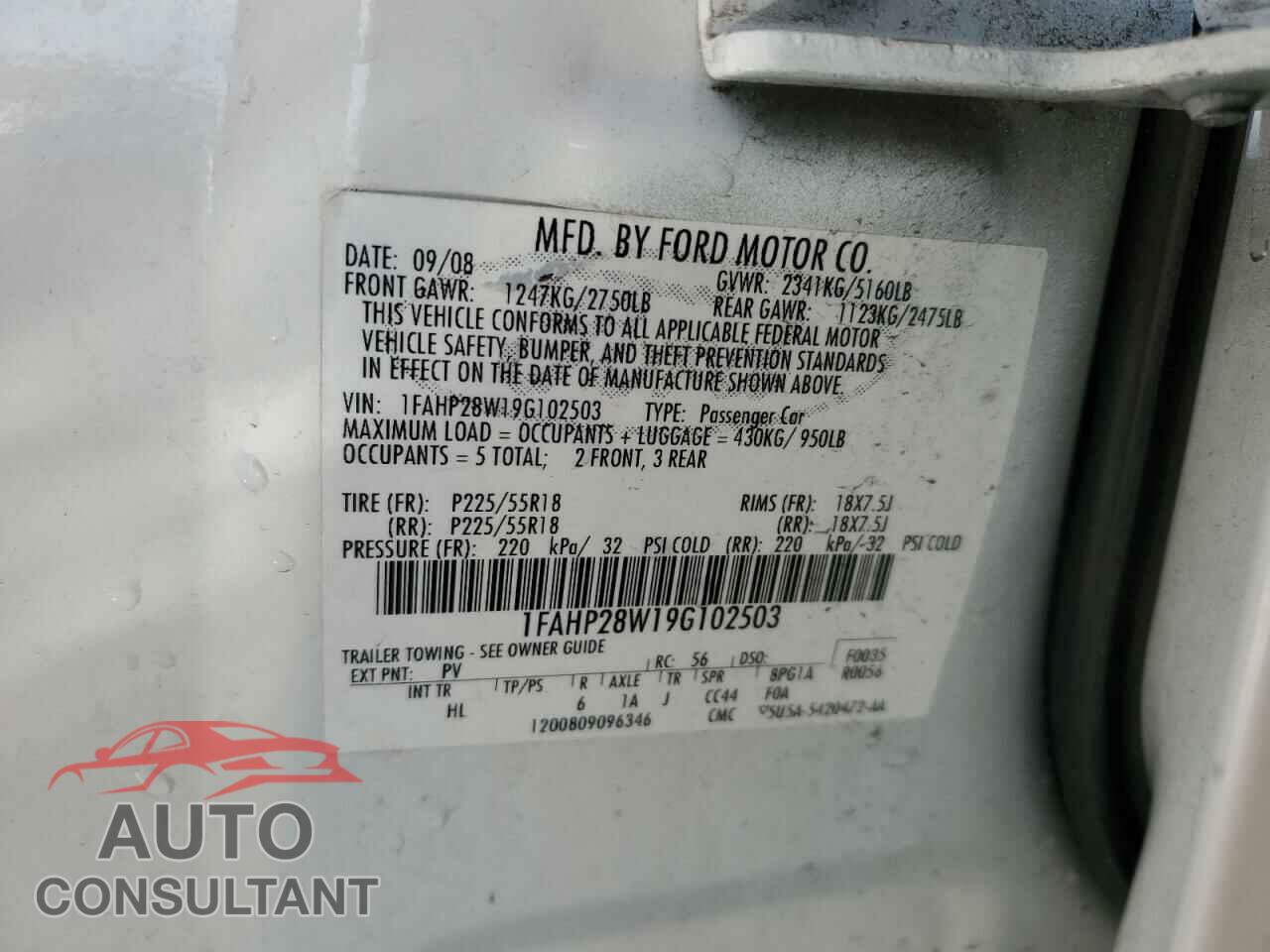 FORD TAURUS 2009 - 1FAHP28W19G102503