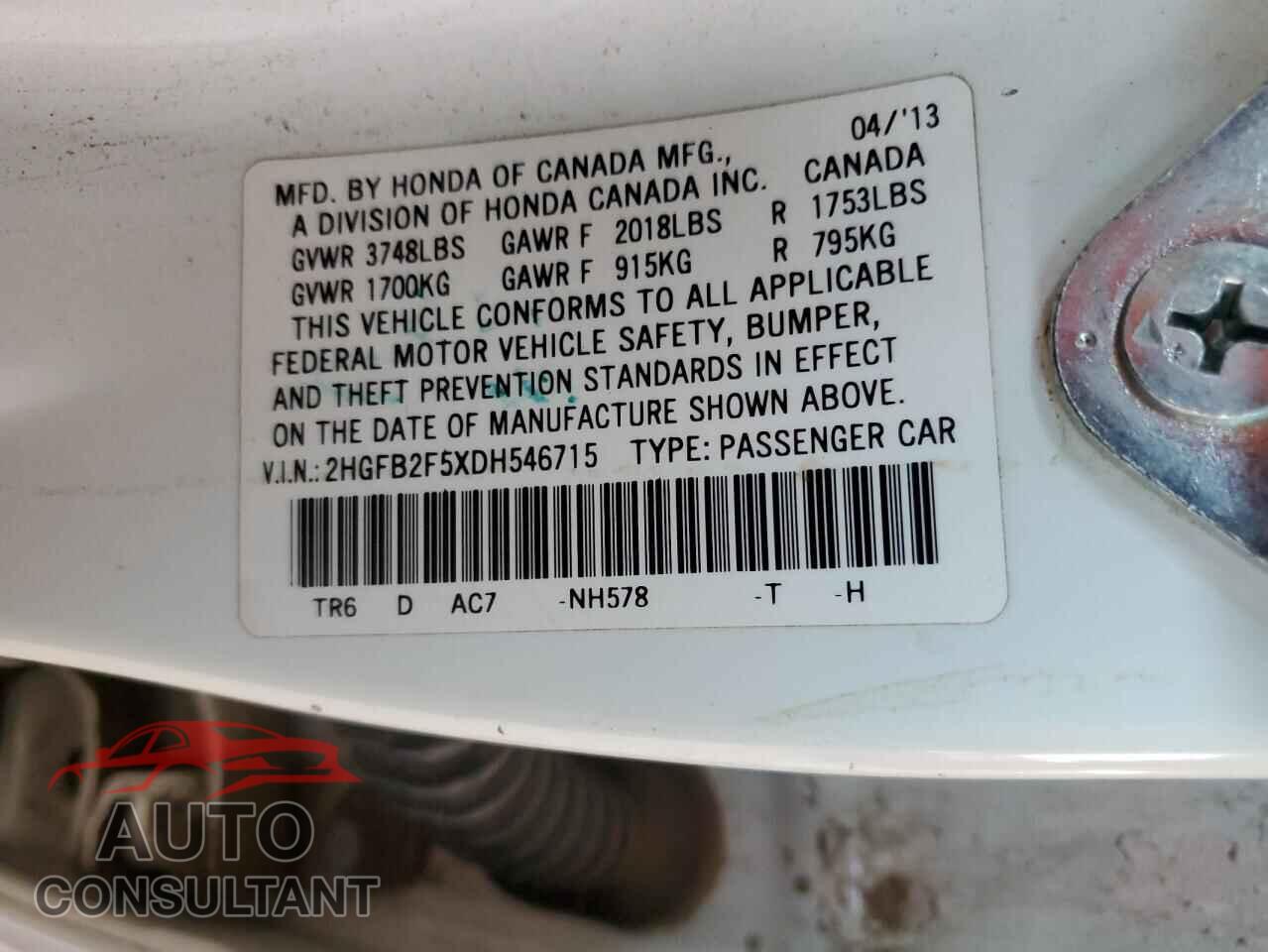 HONDA CIVIC 2013 - 2HGFB2F5XDH546715