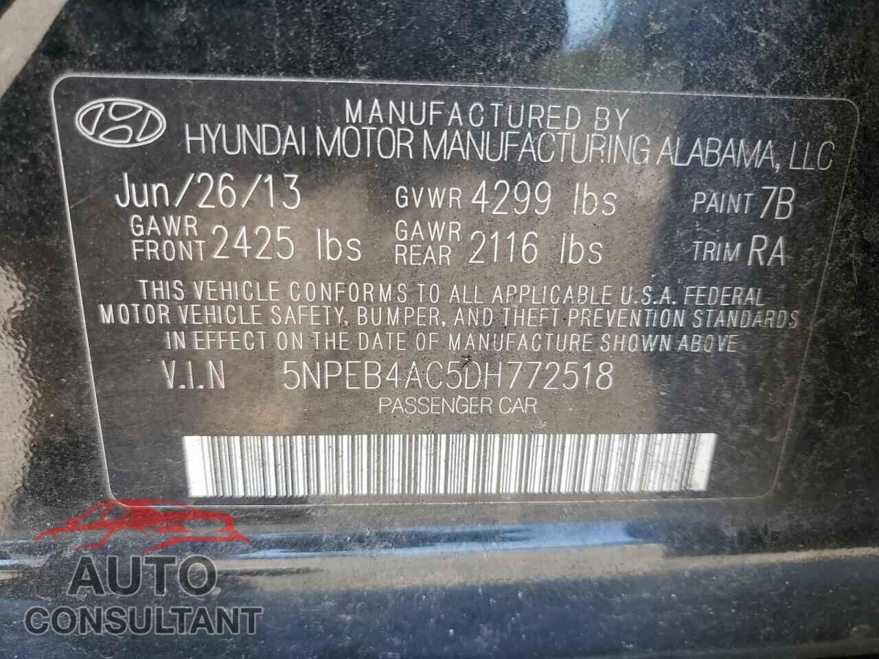 HYUNDAI SONATA 2013 - 5NPEB4AC5DH772518