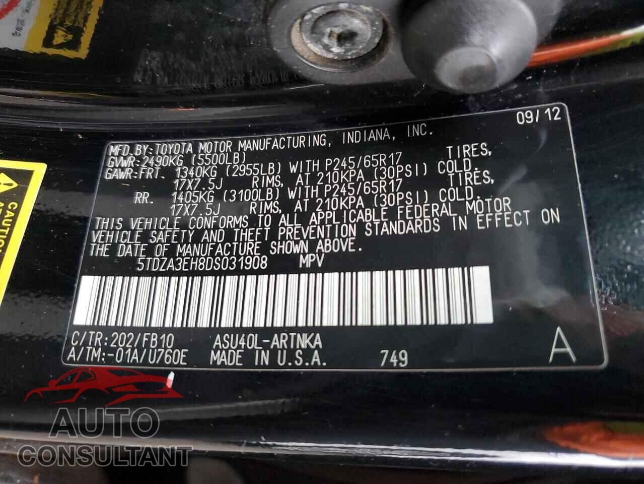TOYOTA HIGHLANDER 2013 - 5TDZA3EH8DS031908
