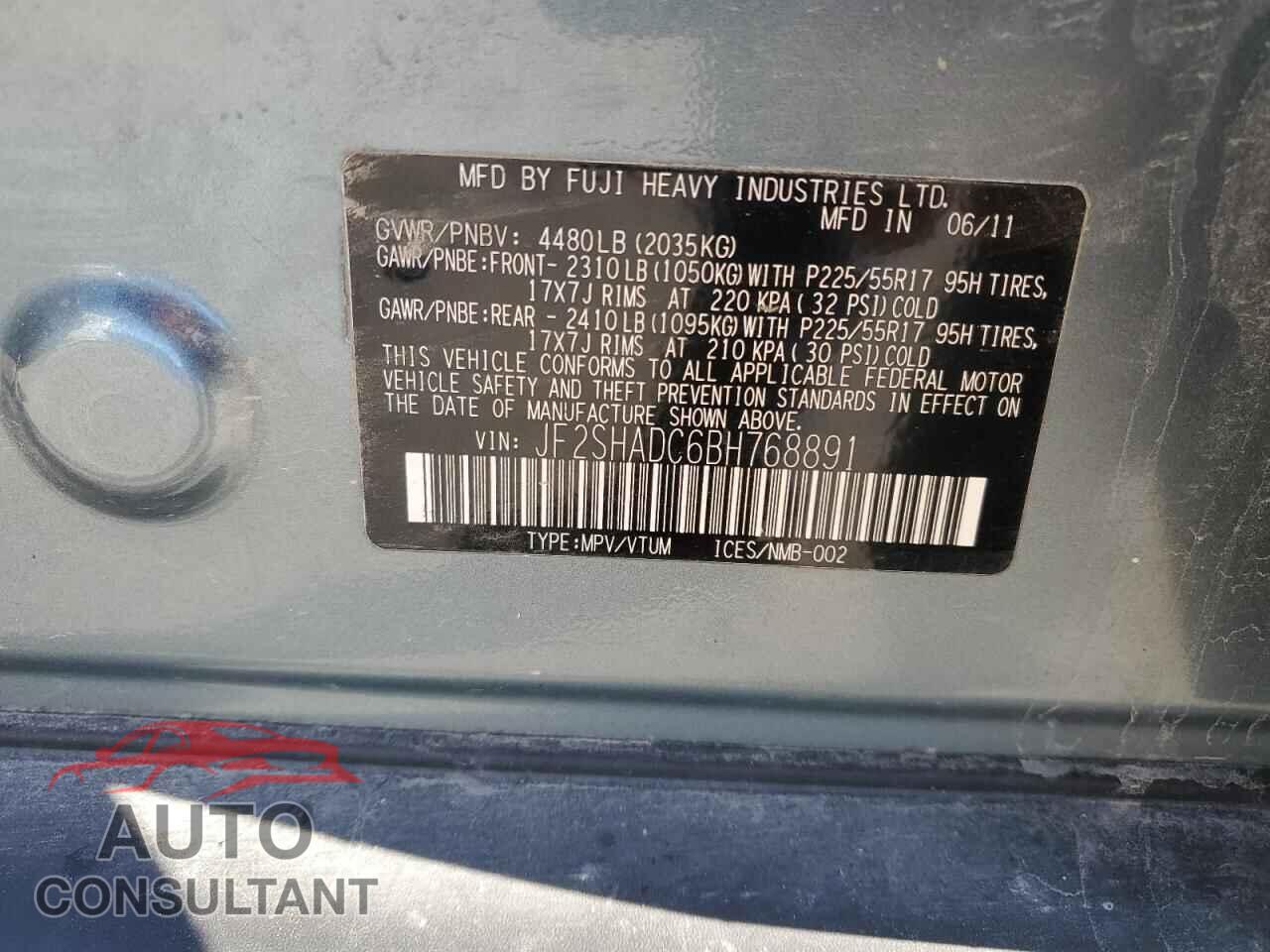 SUBARU FORESTER 2011 - JF2SHADC6BH768891