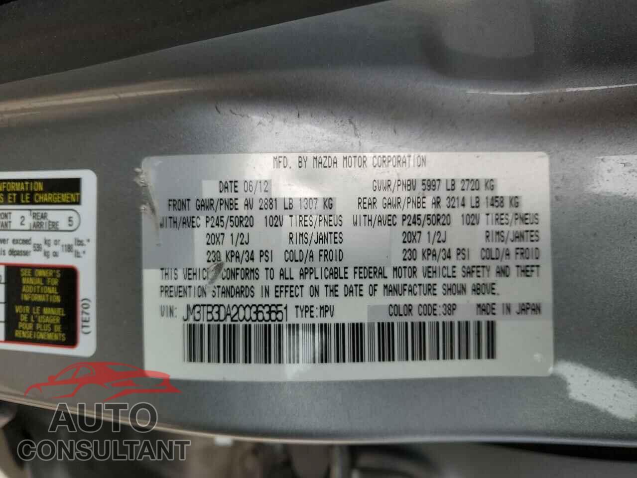 MAZDA CX-9 2012 - JM3TB3DA2C0363651
