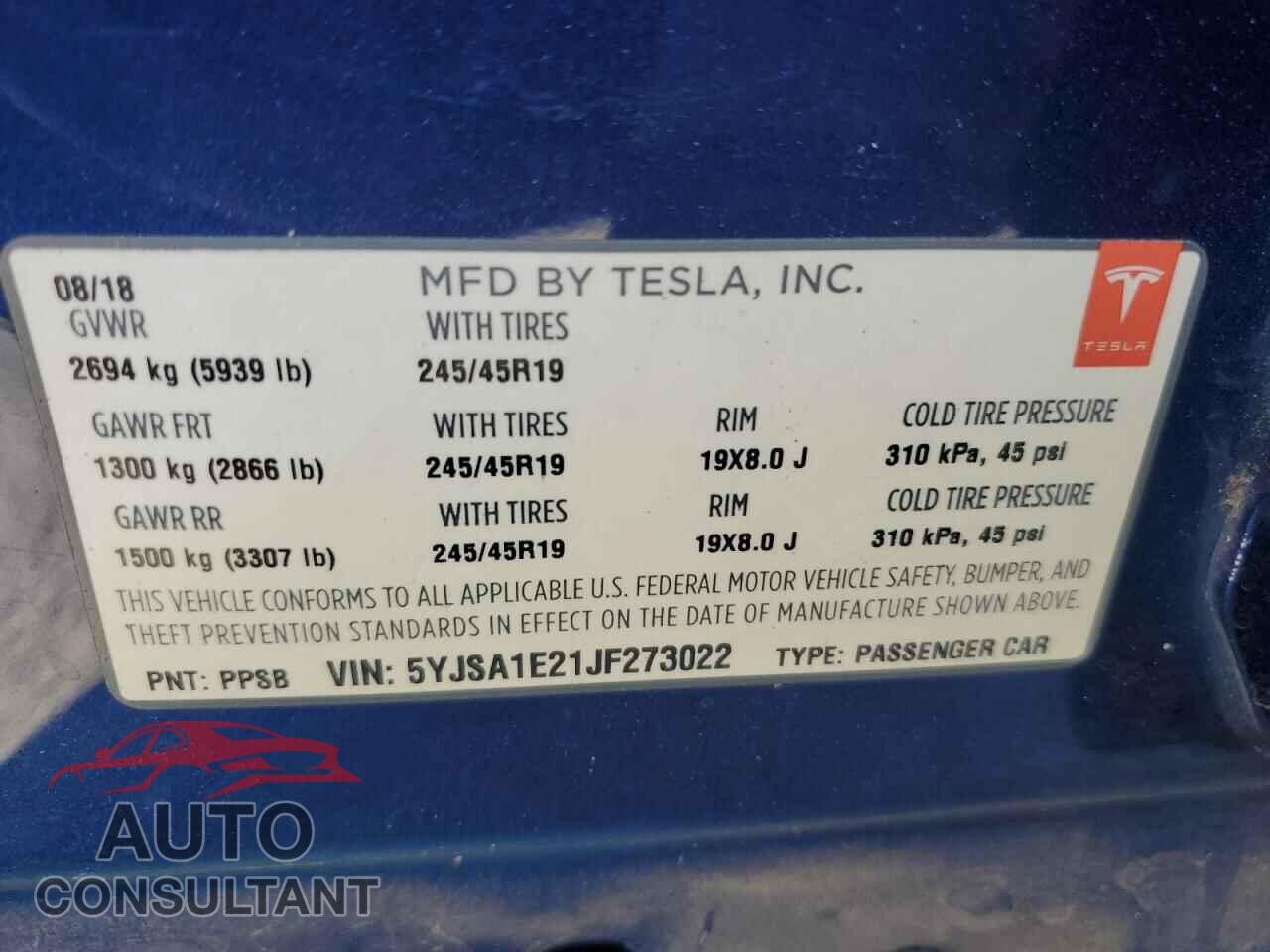 TESLA MODEL S 2018 - 5YJSA1E21JF273022