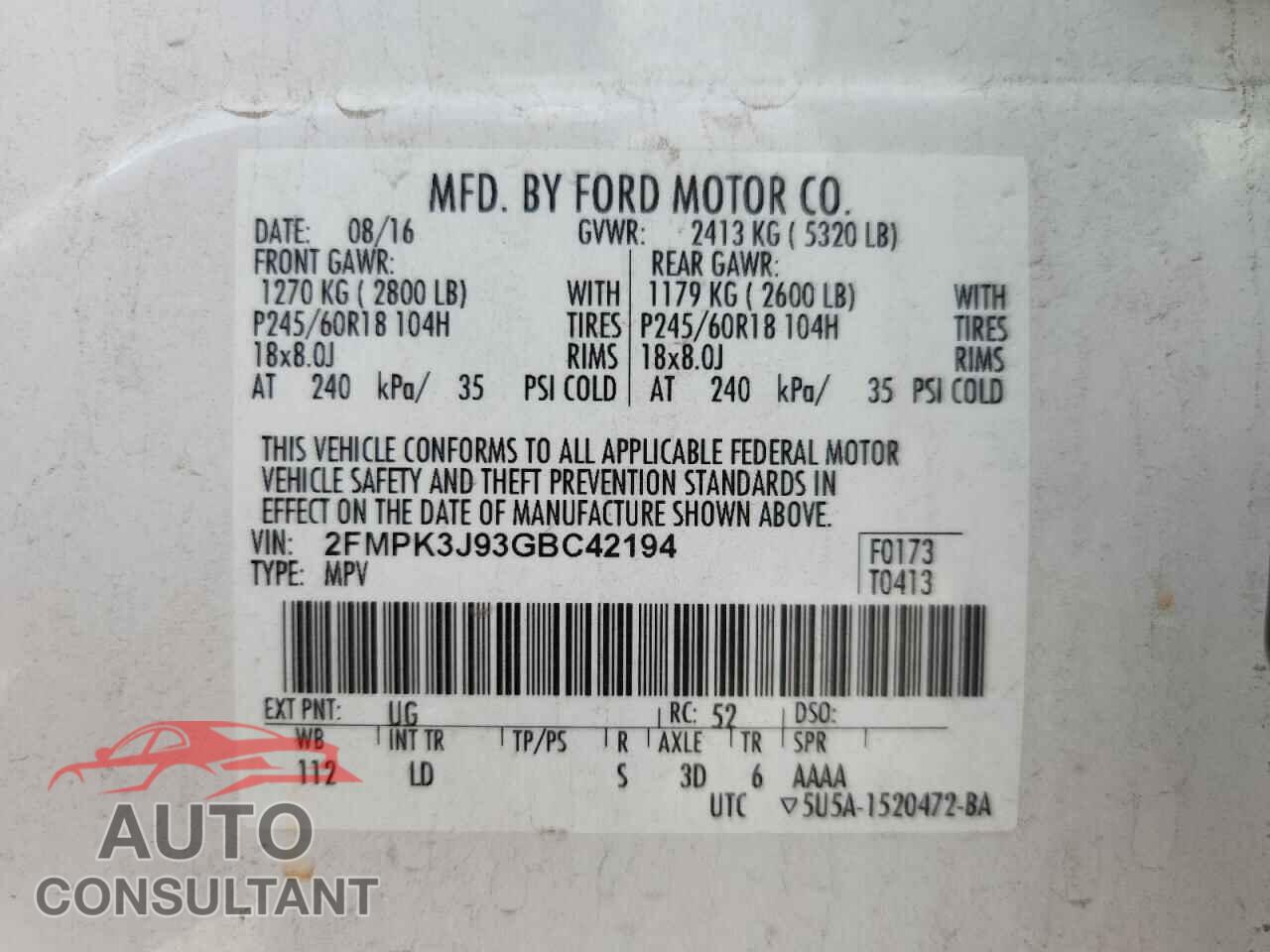 FORD EDGE 2016 - 2FMPK3J93GBC42194