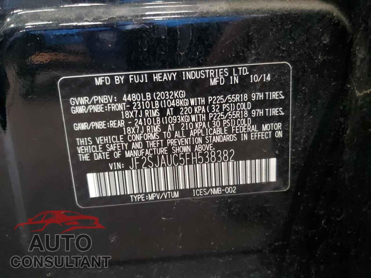 SUBARU FORESTER 2015 - JF2SJAUC5FH538382