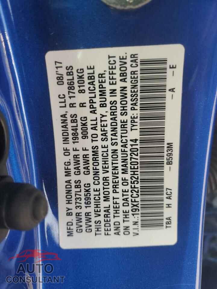 HONDA CIVIC 2017 - 19XFC2F52HE072014