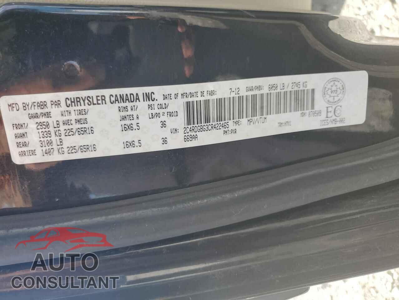 DODGE CARAVAN 2012 - 2C4RDGBG3CR422465