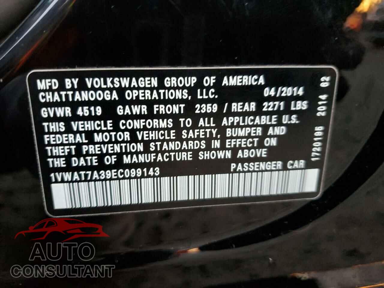 VOLKSWAGEN PASSAT 2014 - 1VWAT7A39EC099143
