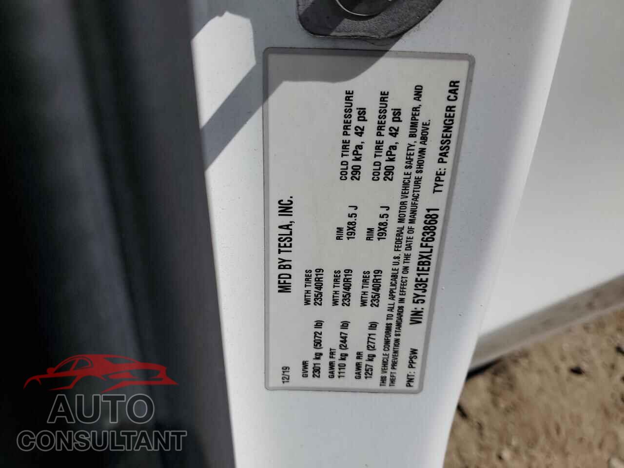 TESLA MODEL 3 2020 - 5YJ3E1EBXLF638681