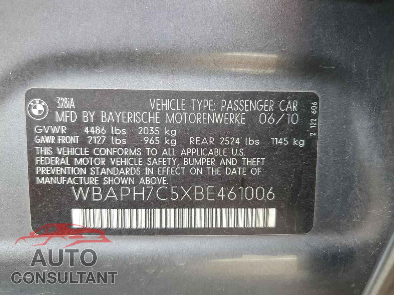 BMW 3 SERIES 2011 - WBAPH7C5XBE461006