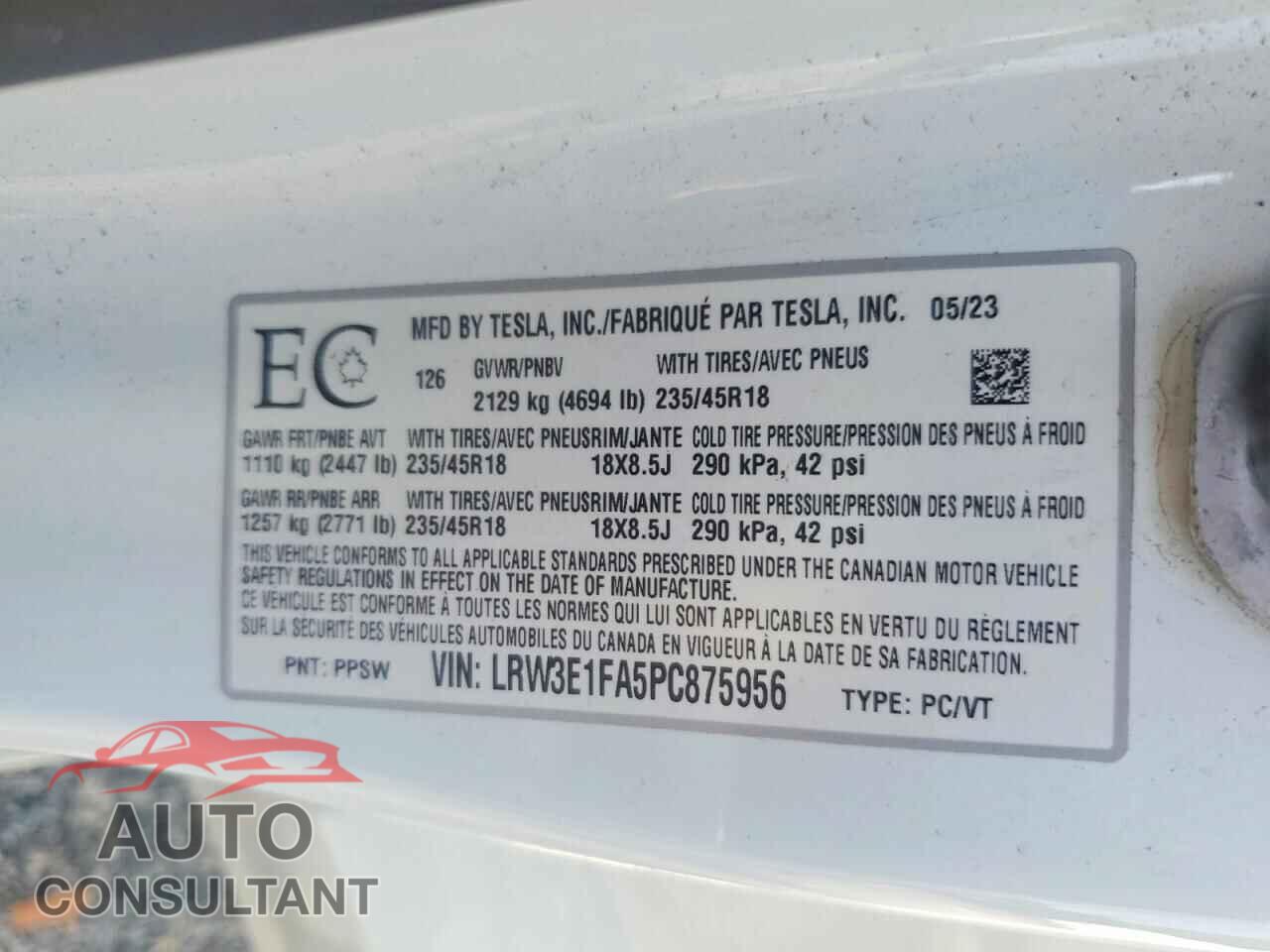 TESLA MODEL 3 2023 - LRW3E1FA5PC875956